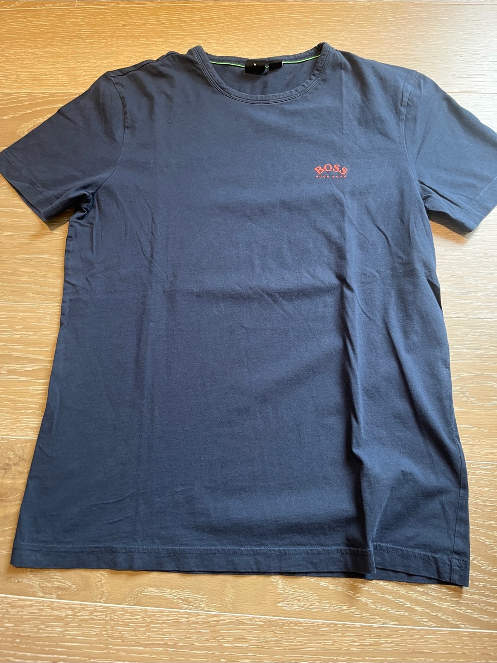 Boss Men's Dark Blue Crew Neck Tee with Red Logo
